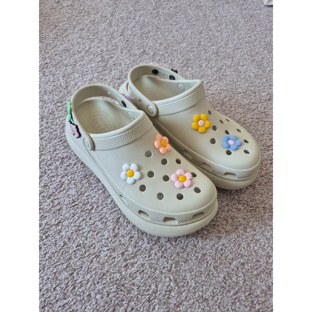 Crocs Classic Crush Clog Bone Platform Sandals Floral Charms Women's 11 Men's 9